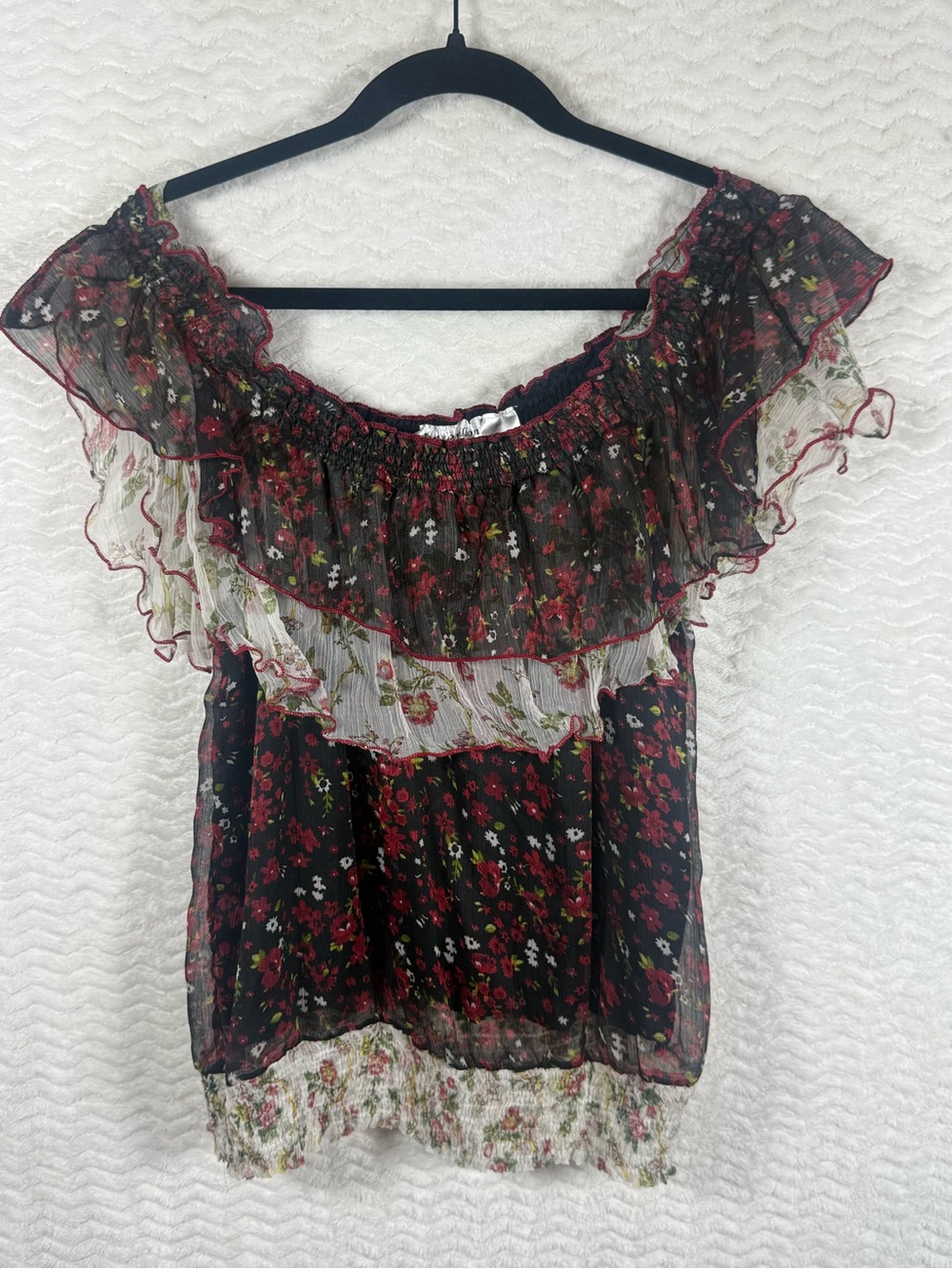 Floral Off-Shoulder Ruffle Blouse - Black and Red